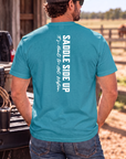 Get Western Tee in Tropical Blue — male model, back view