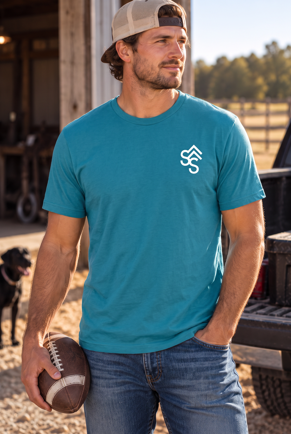 Get Western Tee in Tropical Blue — male model, front view