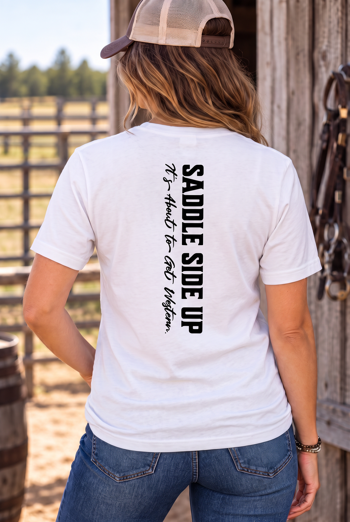 Get Western Tee in White — female model, back view