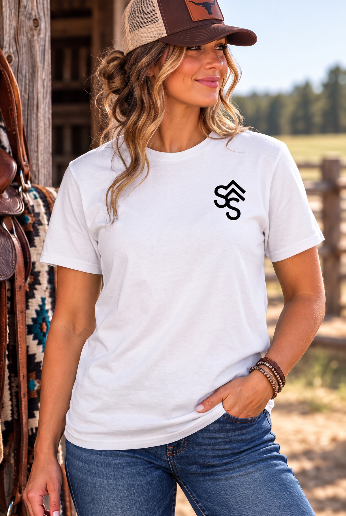 Get Western Tee in White — female model, front view