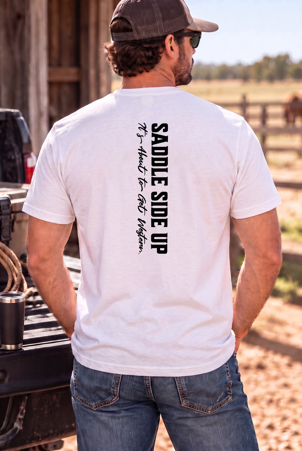 Get Western Tee in White — male model, back view