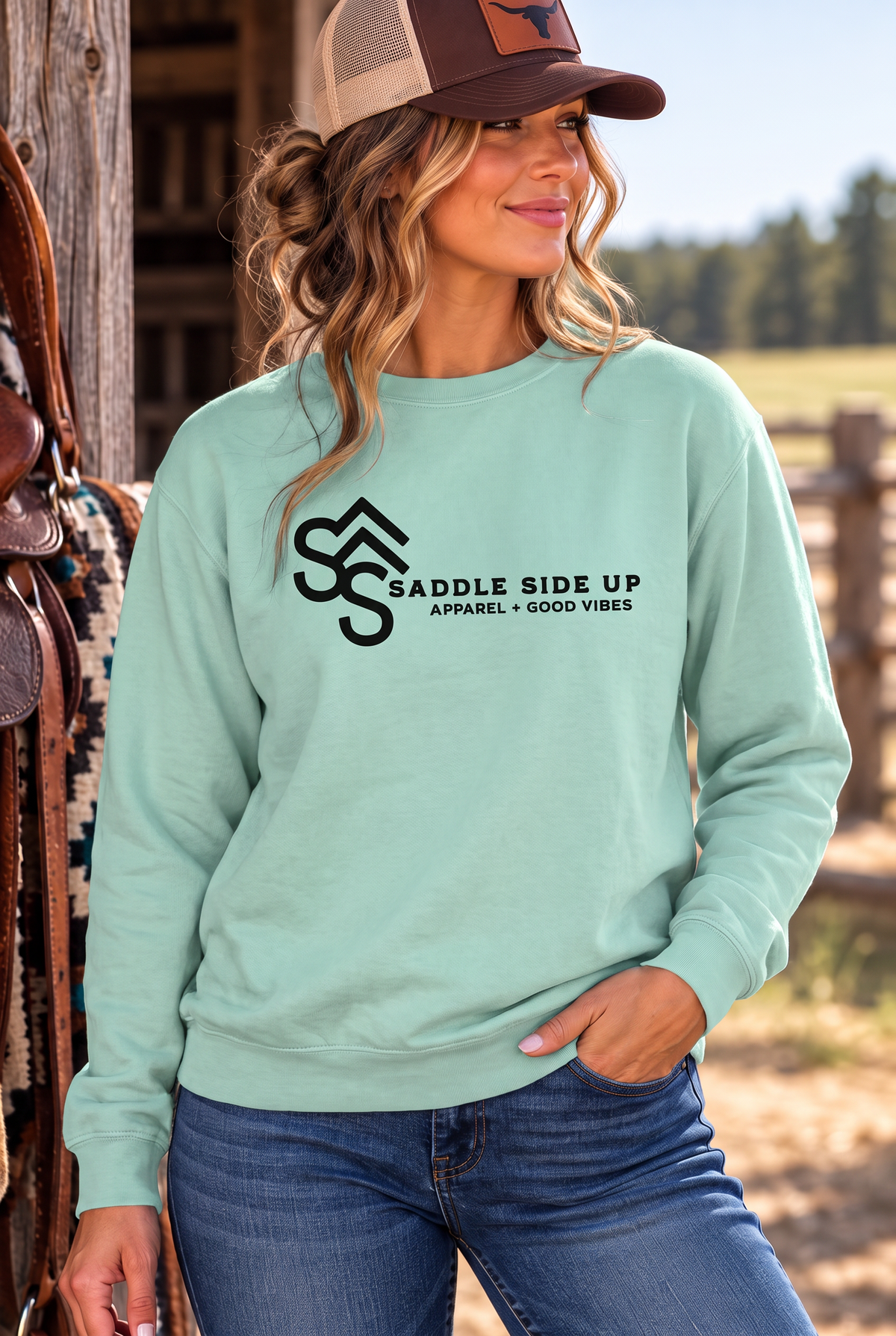 Logo Crew in Chalky Mint — female model, front view