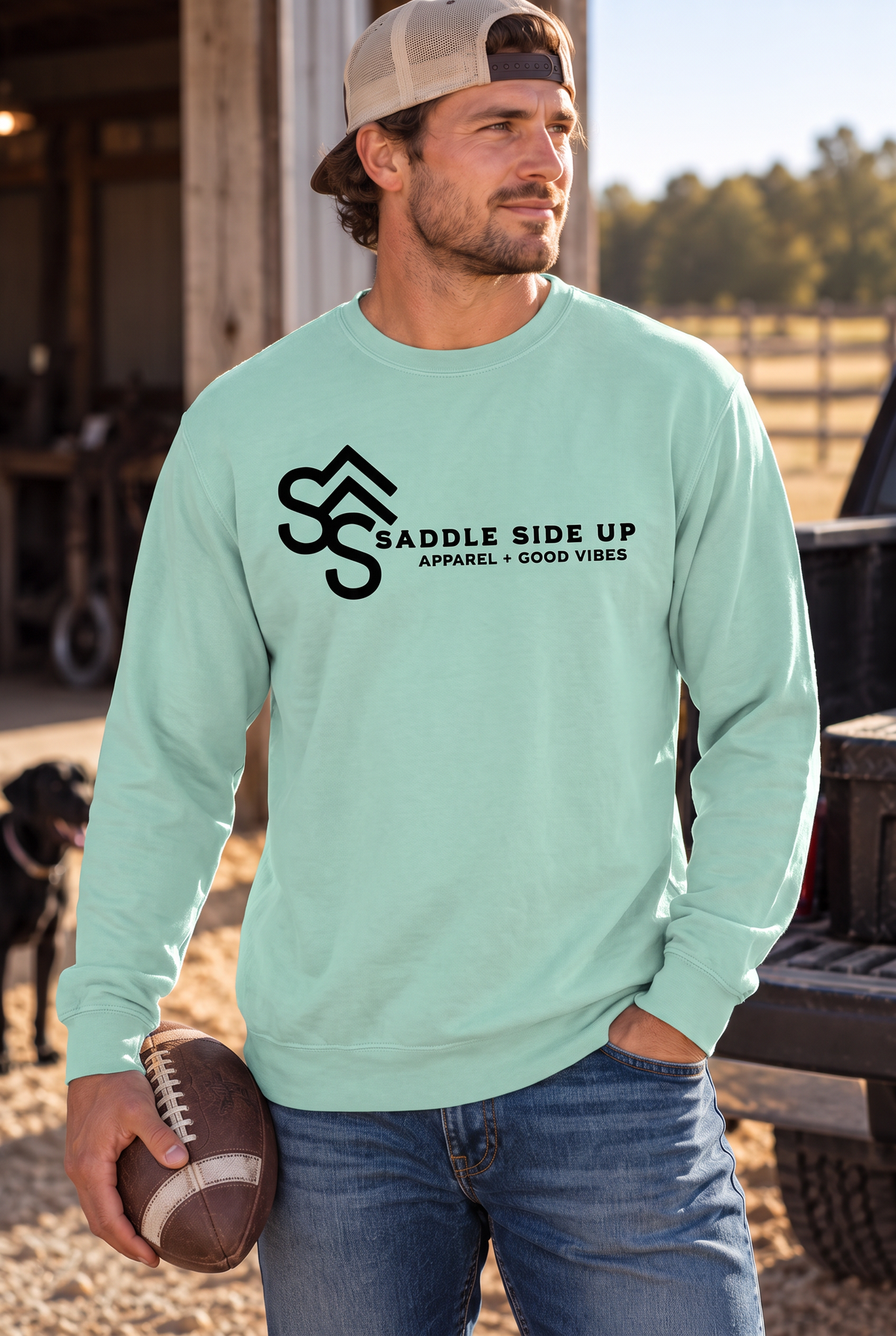 Logo Crew in Chalky Mint — male model, front view