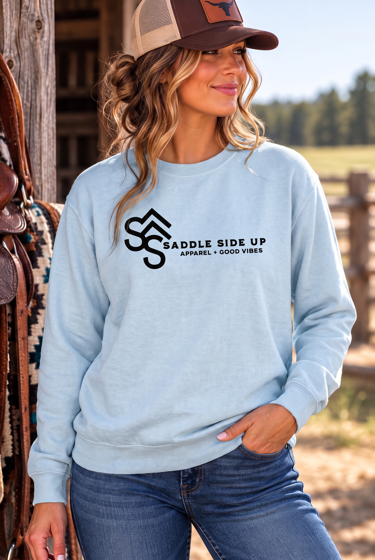 Logo Crew in Chambray — female model, front view