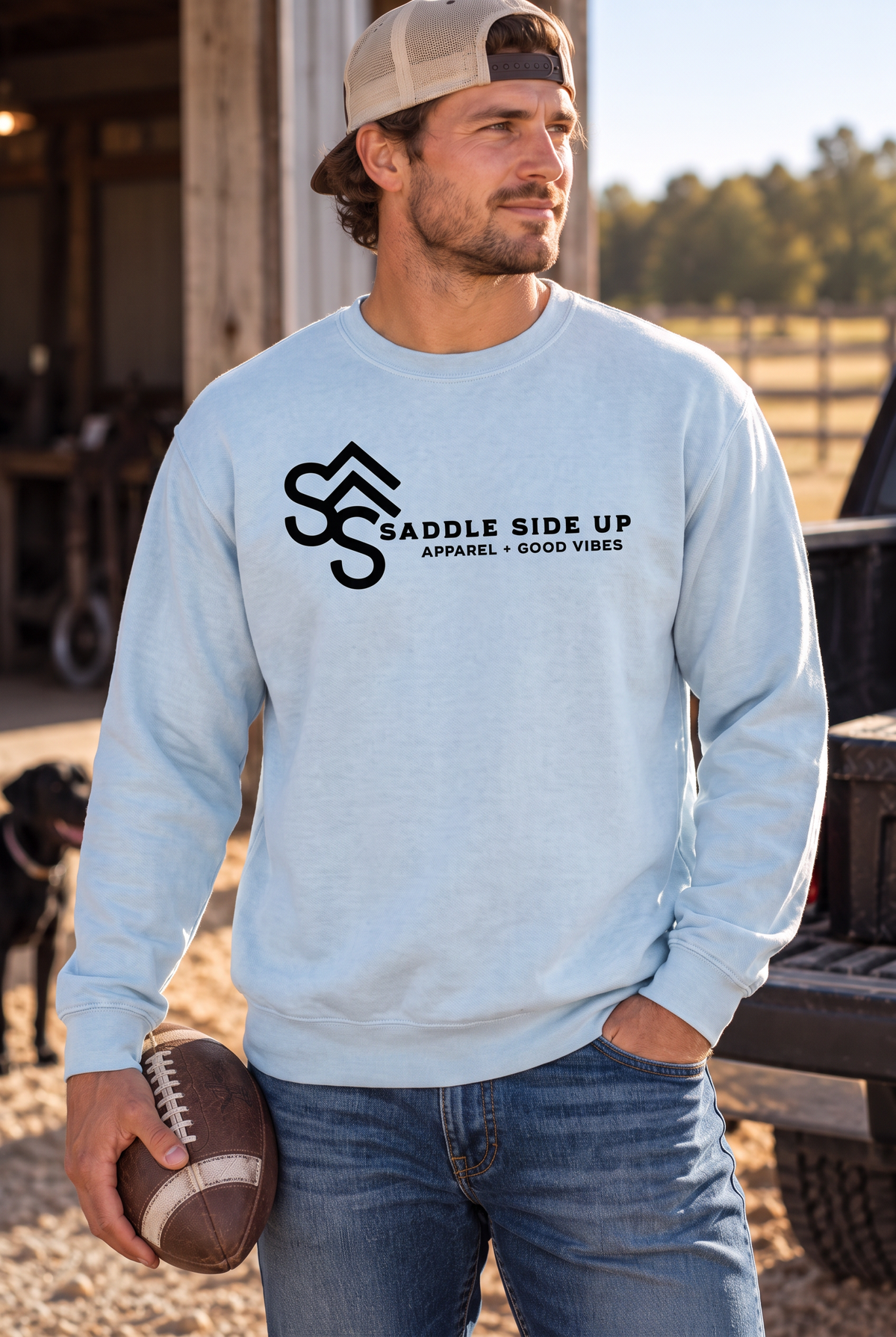 Logo Crew in Chambray — male model, front view