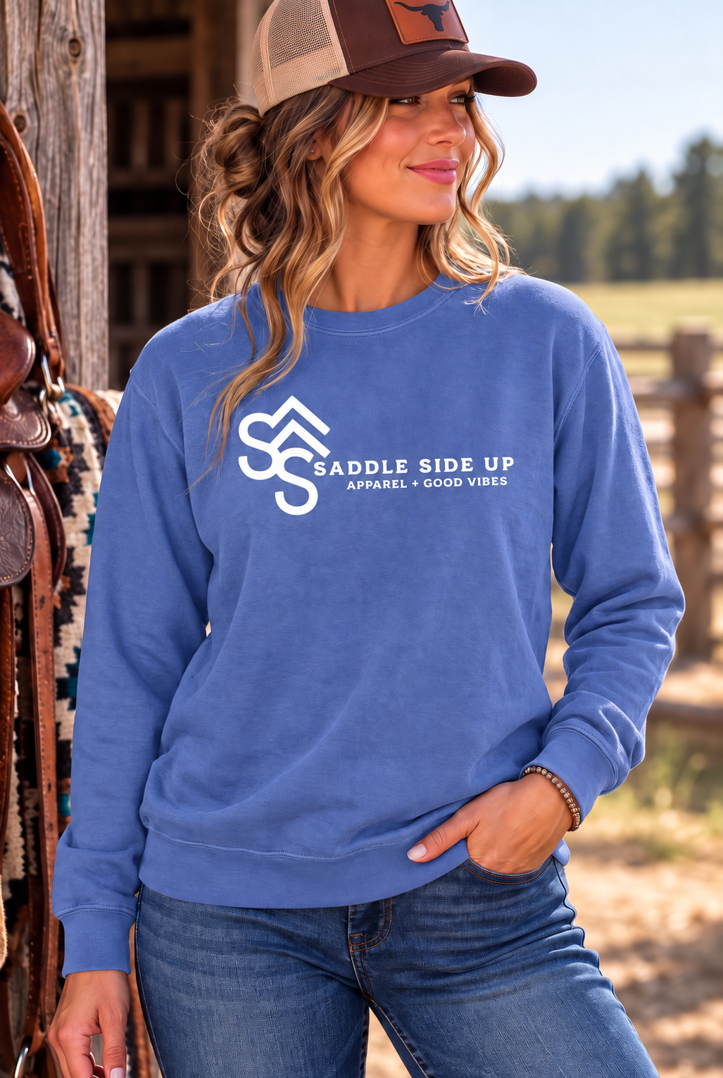 Logo Crew in Flo Blue — female model, front view
