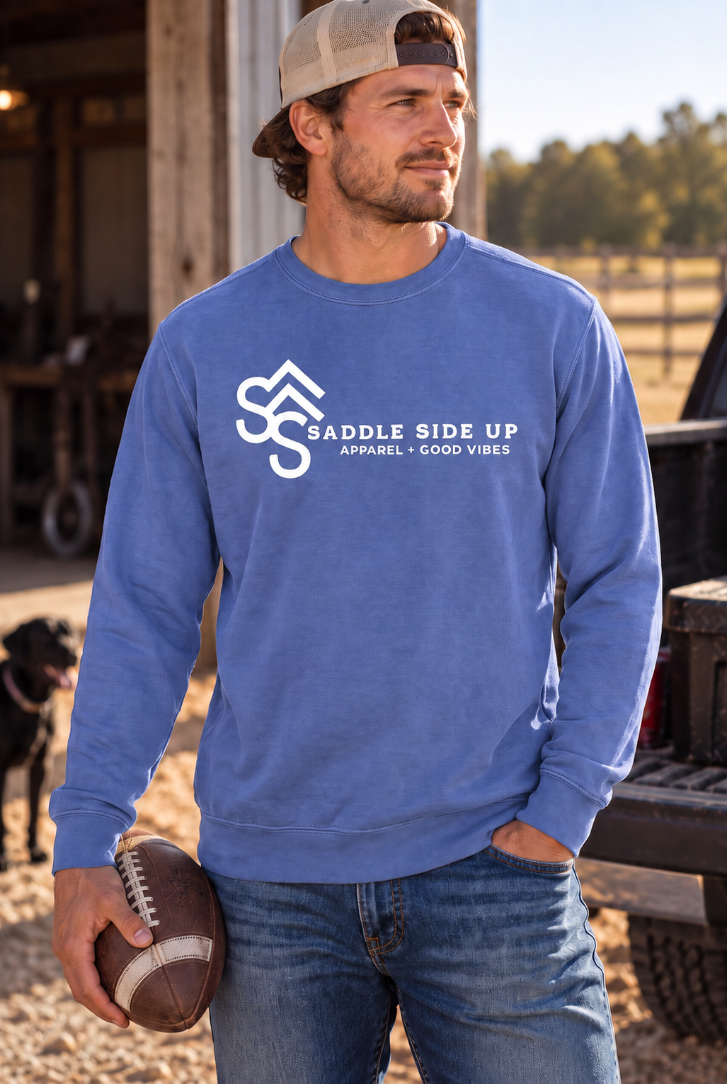 Logo Crew in Flo Blue — male model, front view