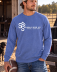 Logo Crew in Flo Blue — male model, front view