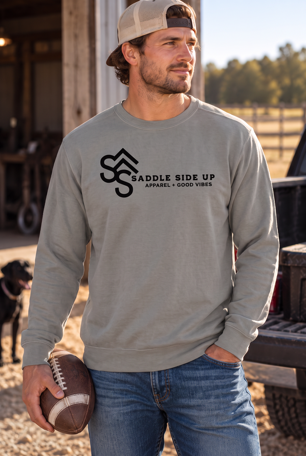 Logo Crew in Grey — male model, front view