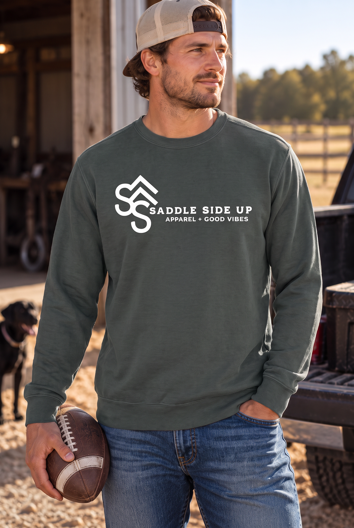 Logo Crew in Pepper — male model, front view