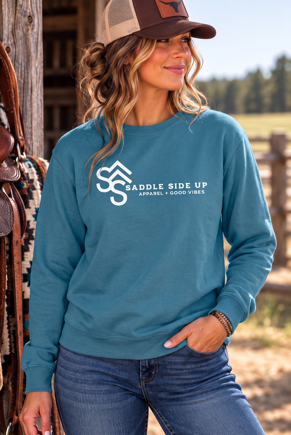 Logo Crew in Topaz Blue — female model, front view