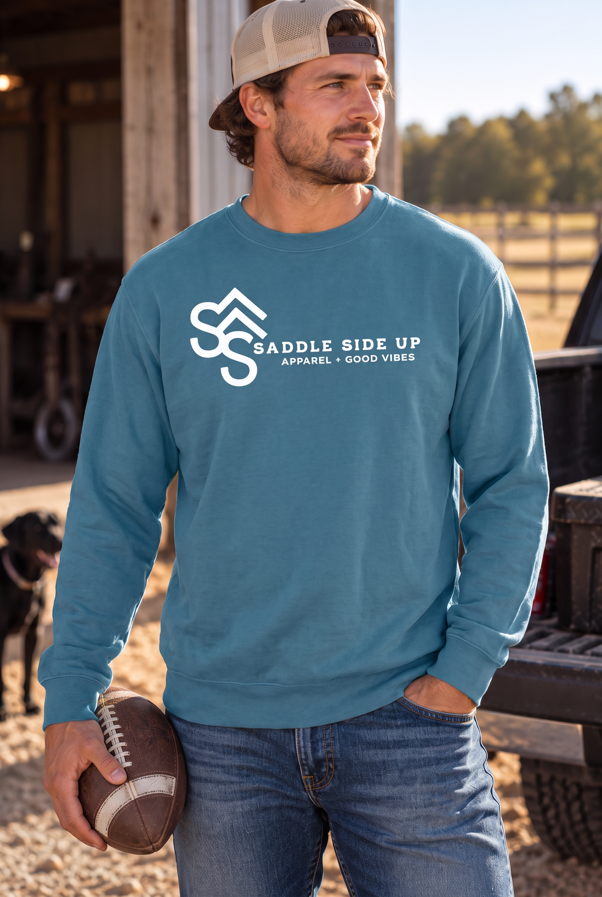 Logo Crew in Topaz Blue — male model, front view