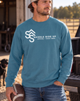 Logo Crew in Topaz Blue — male model, front view