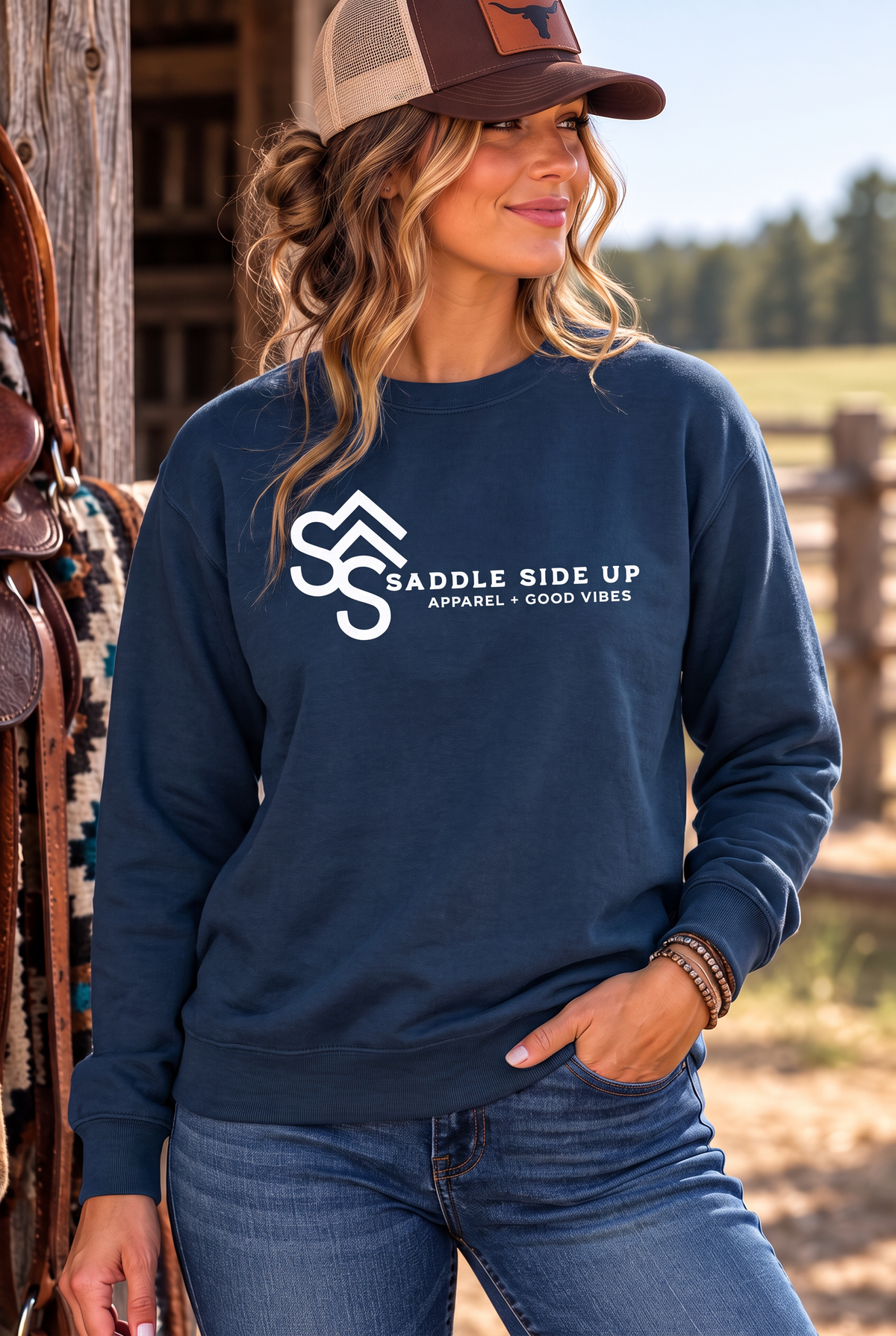Logo Crew in True Navy — female model, front view