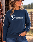Logo Crew in True Navy — female model, front view