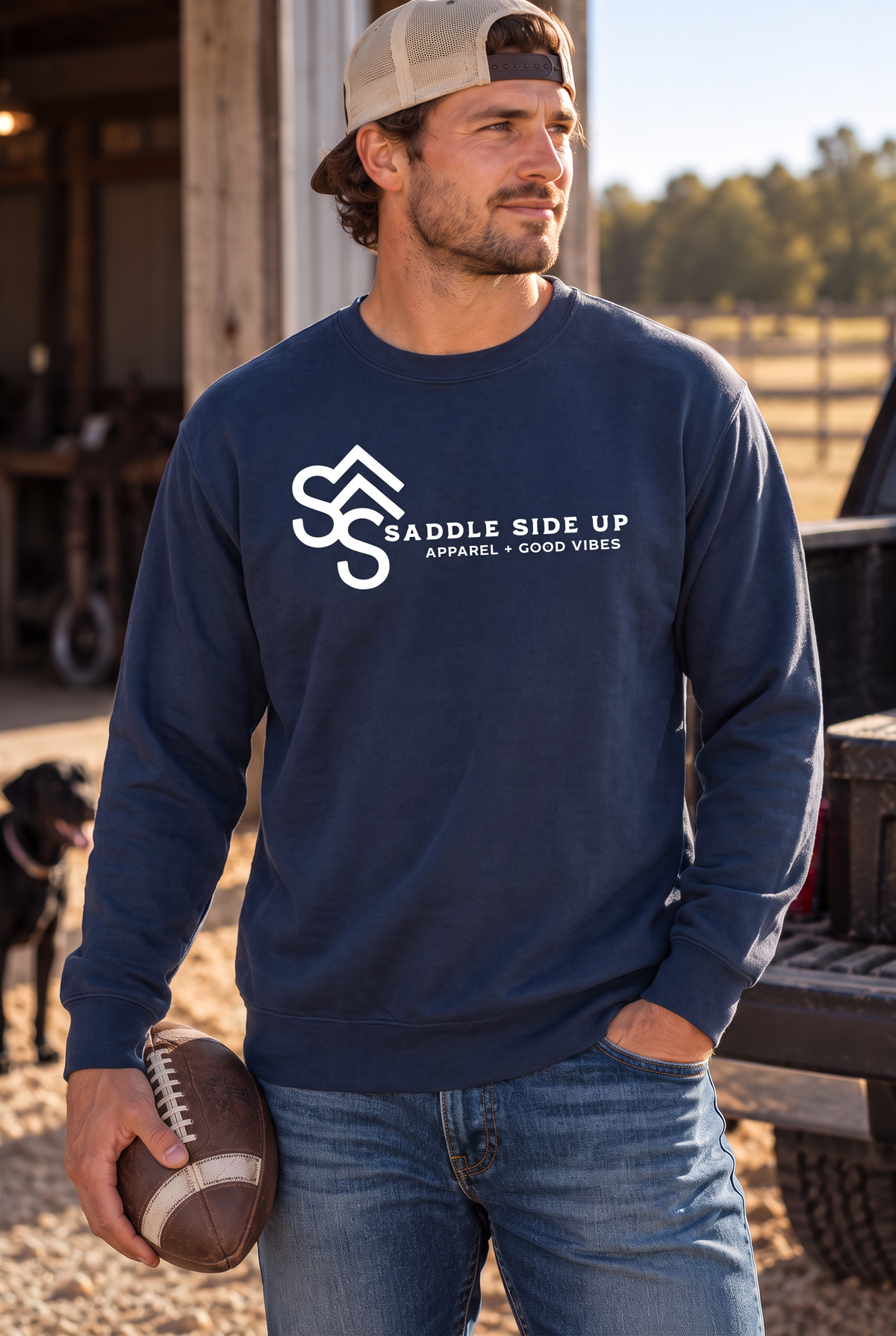 Logo Crew in True Navy — male model, front view