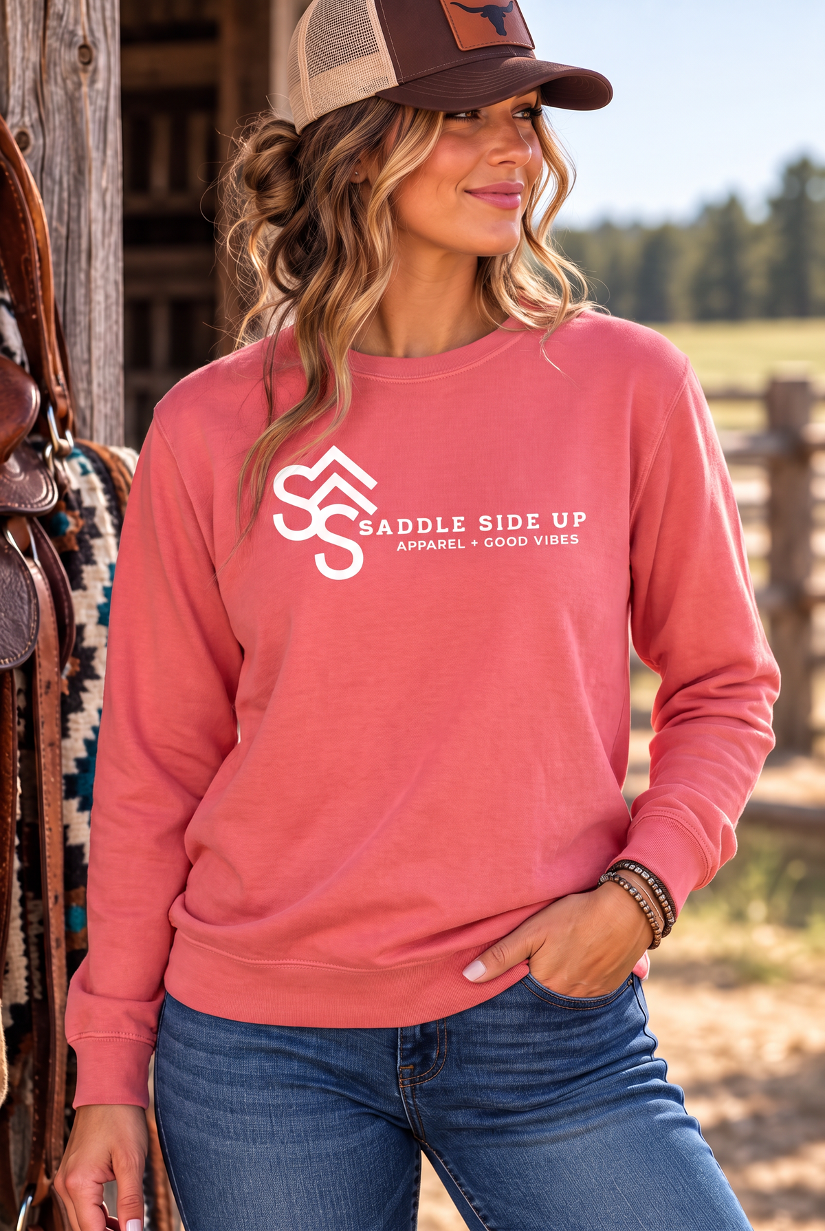 Logo Crew in Watermelon — female model, front view
