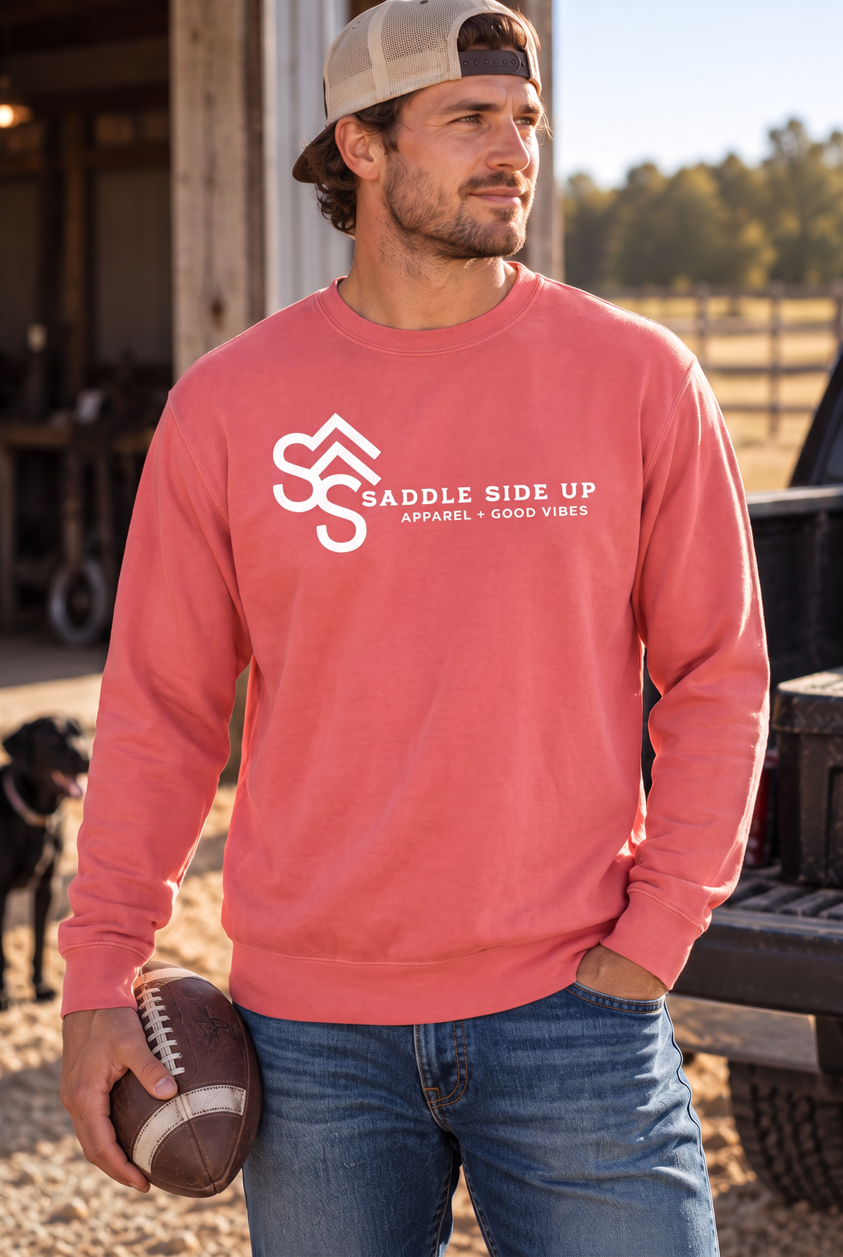 Logo Crew in Watermelon — male model, front view