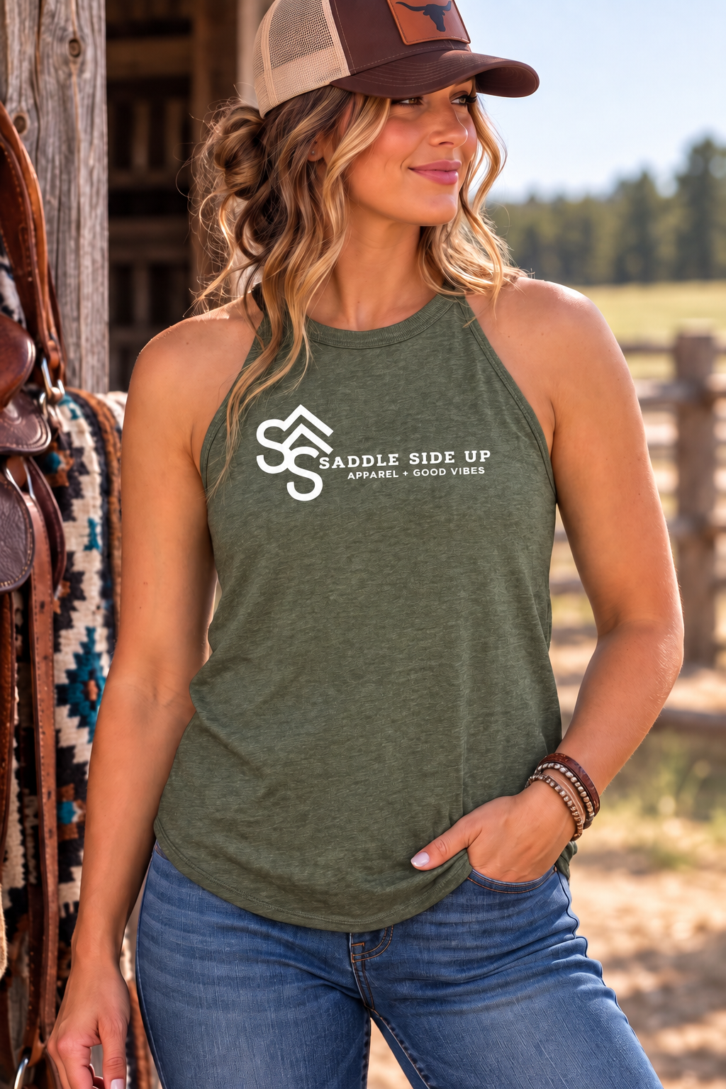 Logo Tank in Military Green Frost — female model, front view