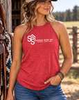 Logo Tank in Red Frost — female model, front view