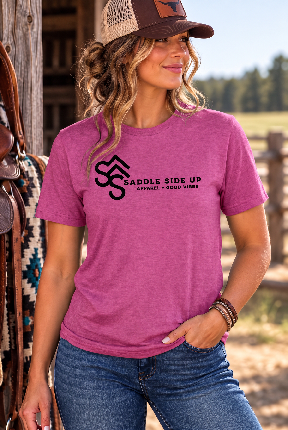 Logo Tee in Antique Heliconia — female model, front view