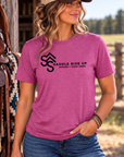 Logo Tee in Antique Heliconia — female model, front view
