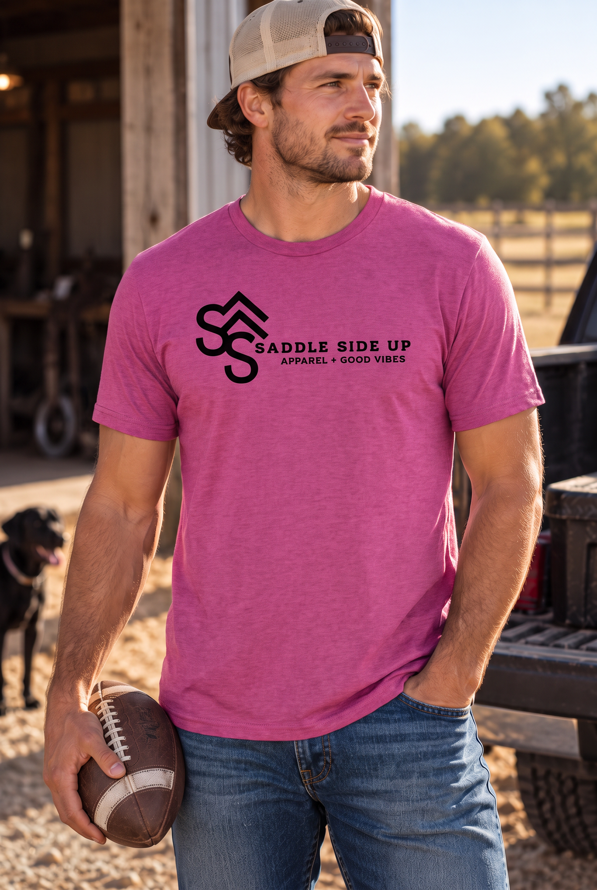 Logo Tee in Antique Heliconia — male model, front view
