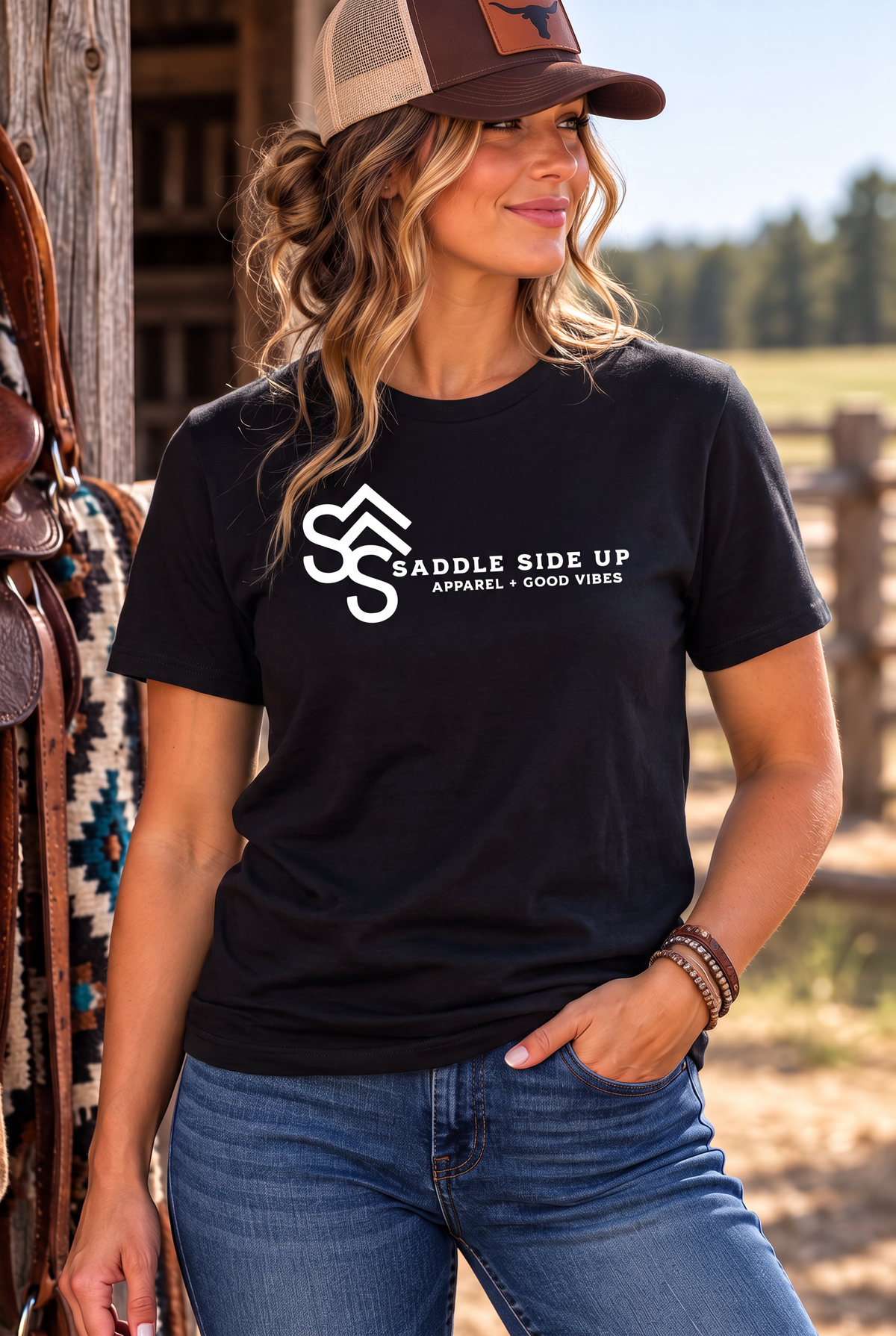 Logo Tee in Black — female model, front view