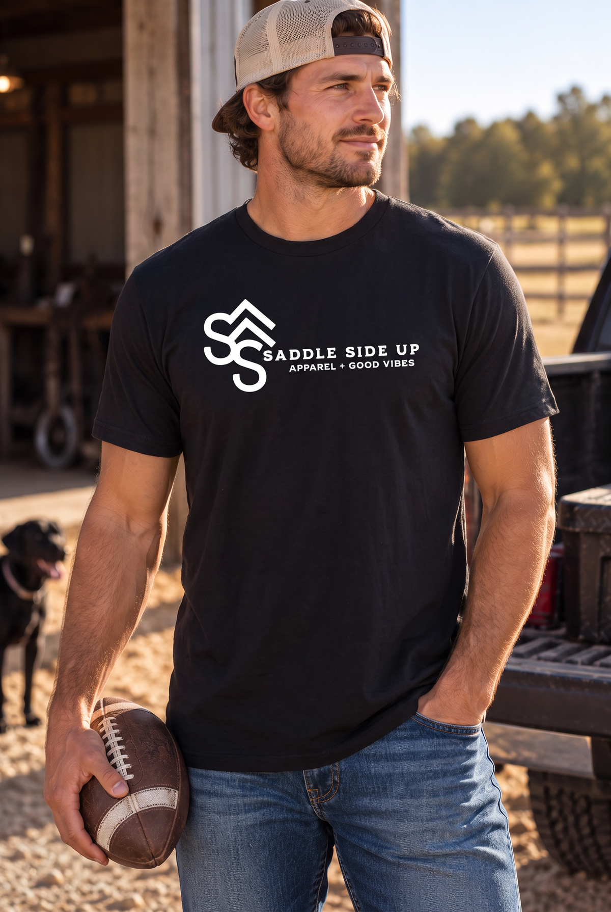 Logo Tee in Black — male model, front view
