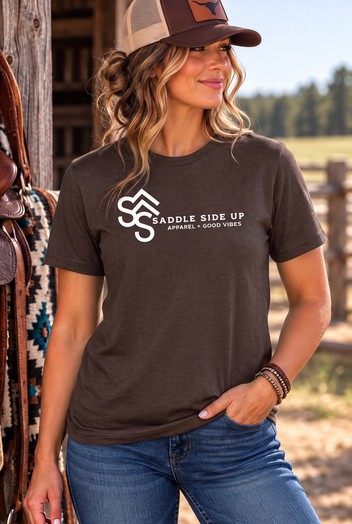 Logo Tee in Dark Chocolate — female model, front view