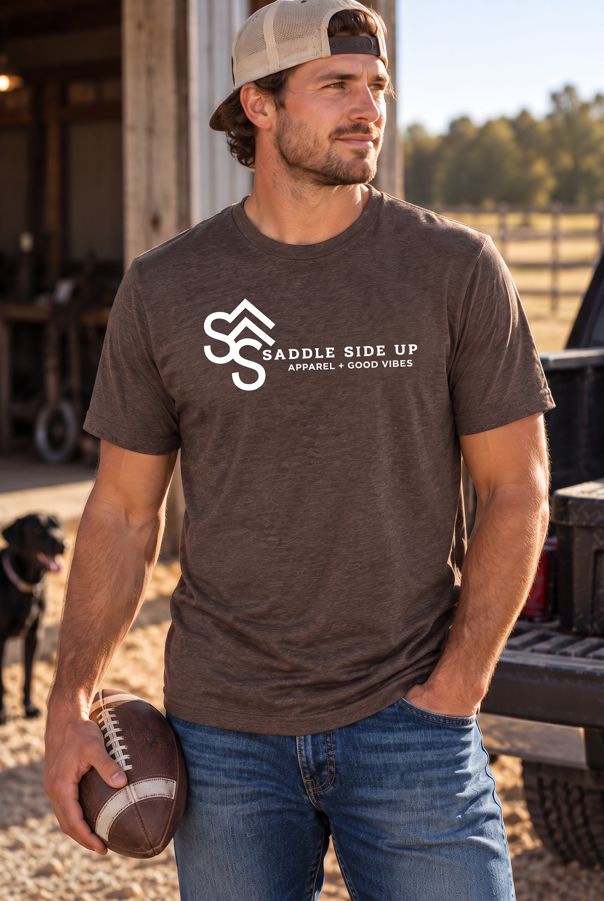 Logo Tee in Dark Chocolate — male model, front view