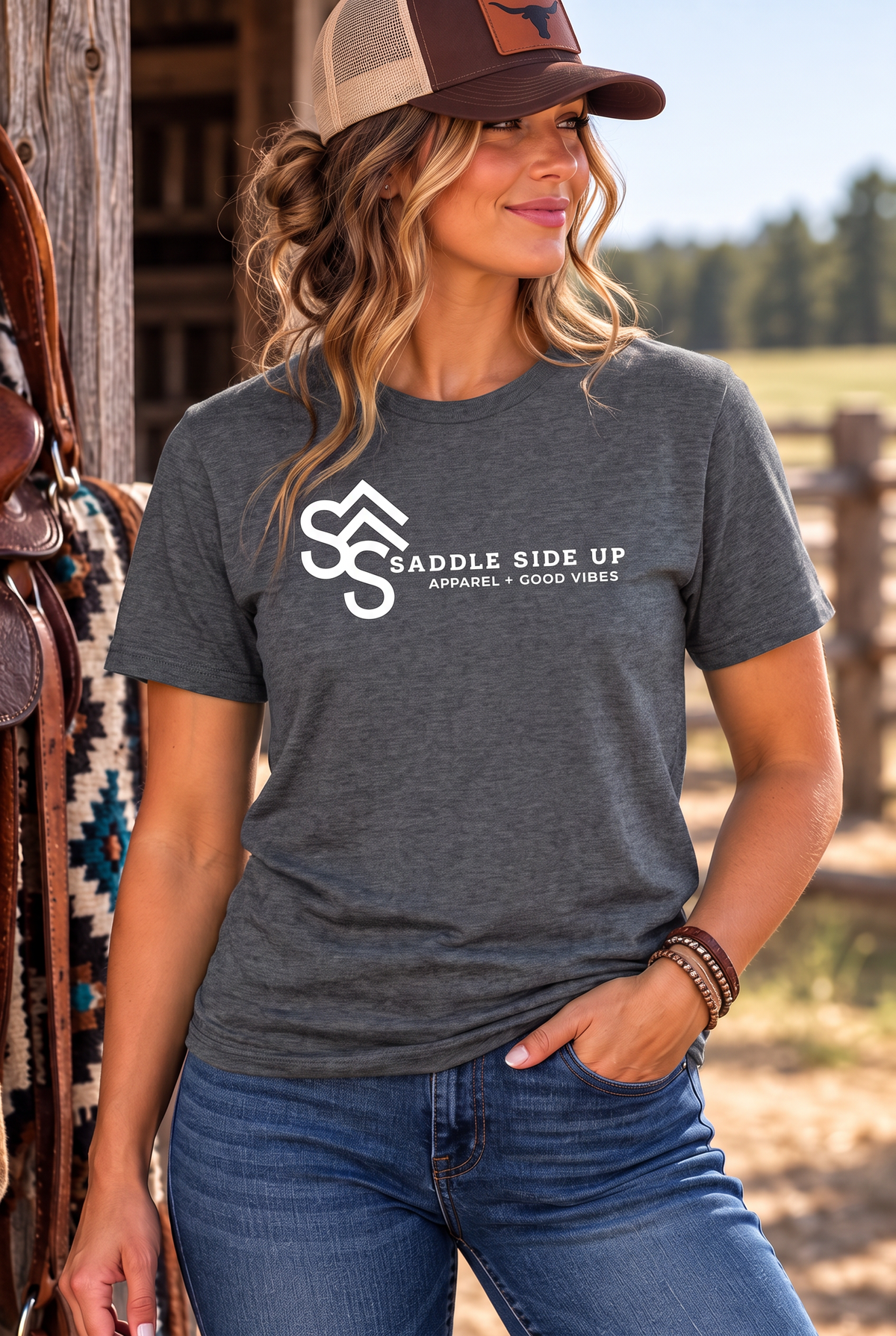 Logo Tee in Heather Dark Grey — female model, front view