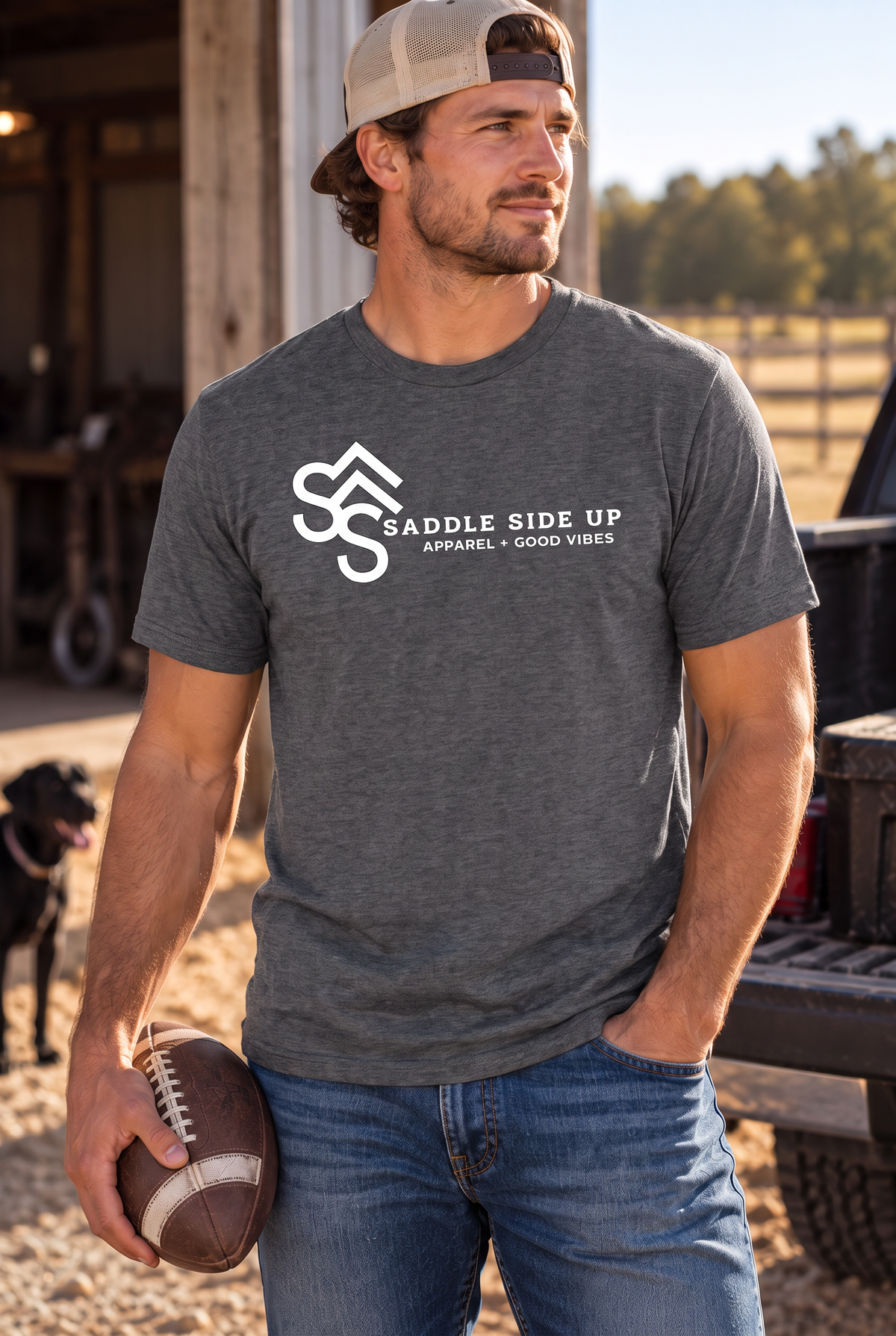 Logo Tee in Heather Dark Grey — male model, front view