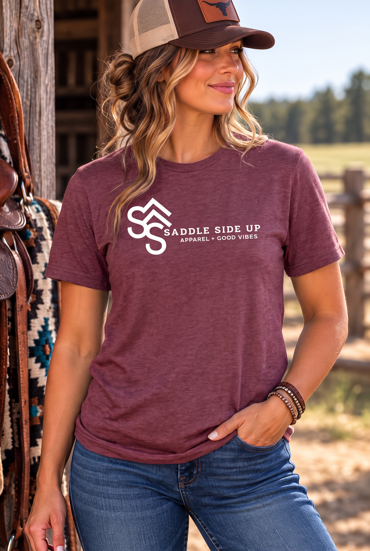 Logo Tee in Heather Maroon — female model, front view