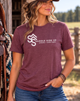 Logo Tee in Heather Maroon — female model, front view