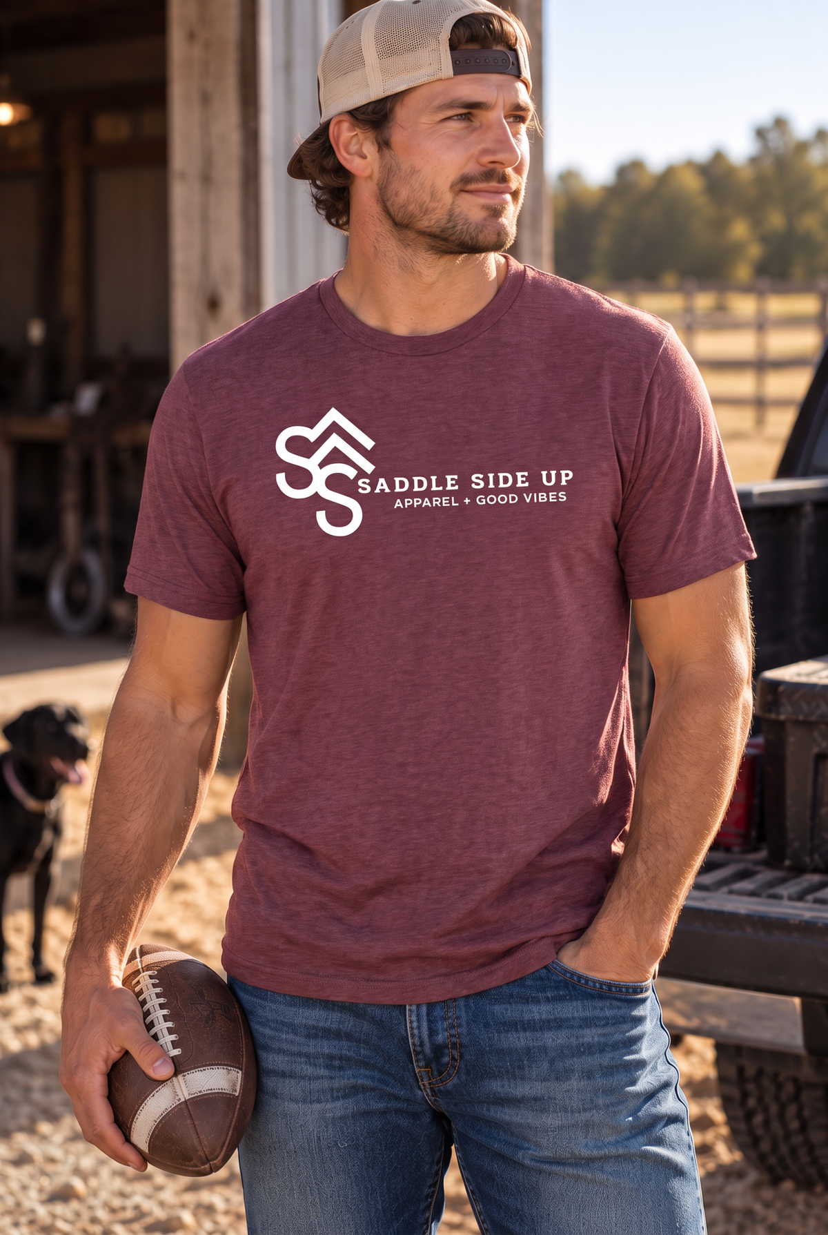 Logo Tee in Heather Maroon — male model, front view