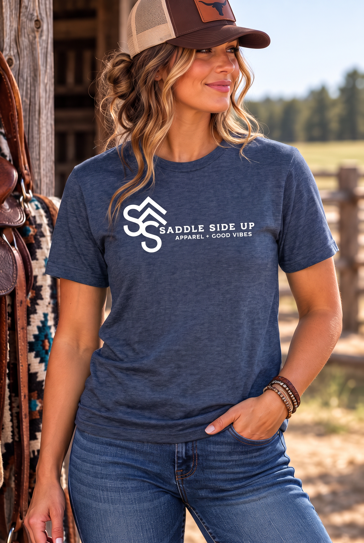 Logo Tee in Heather Navy — female model, front view