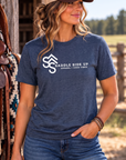 Logo Tee in Heather Navy — female model, front view