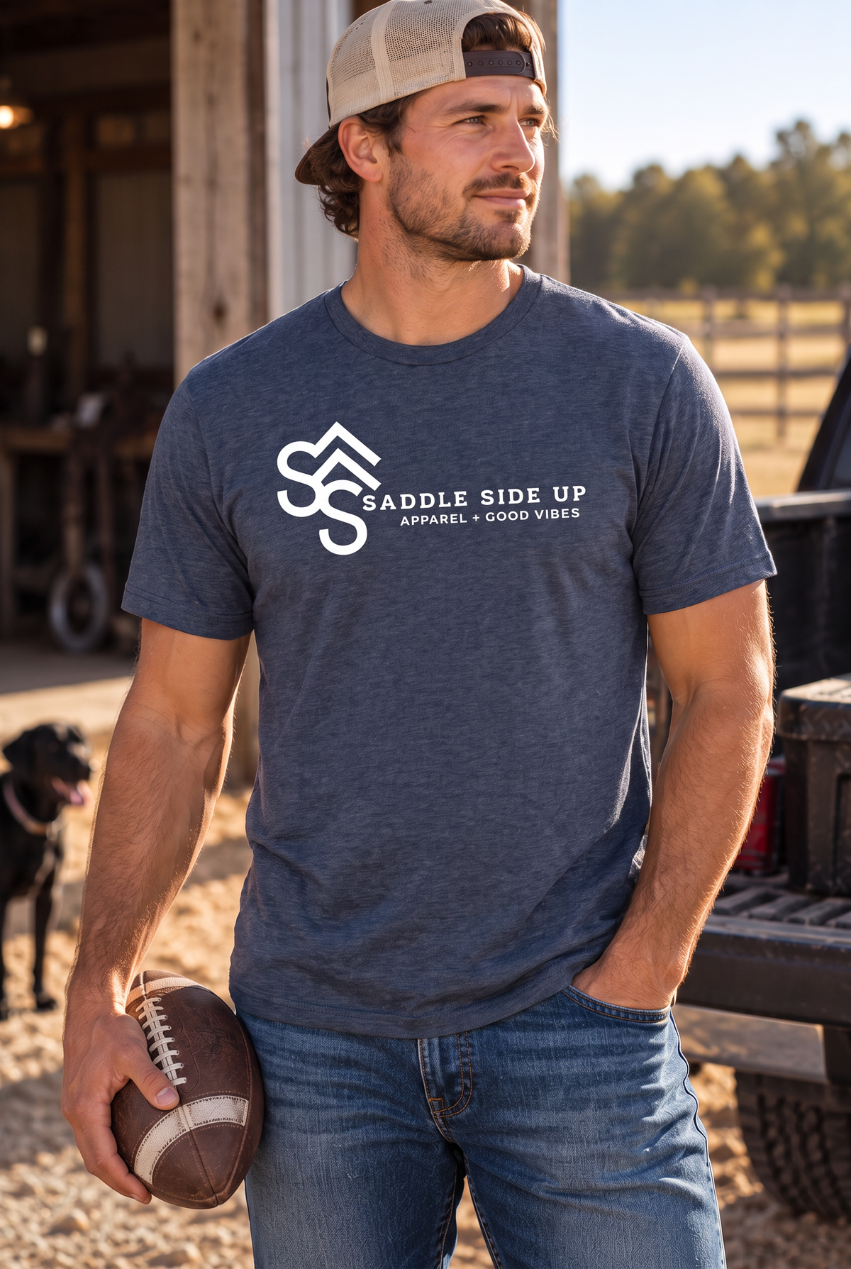 Logo Tee in Heather Navy — male model, front view