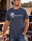Logo Tee in Heather Navy — male model, front view