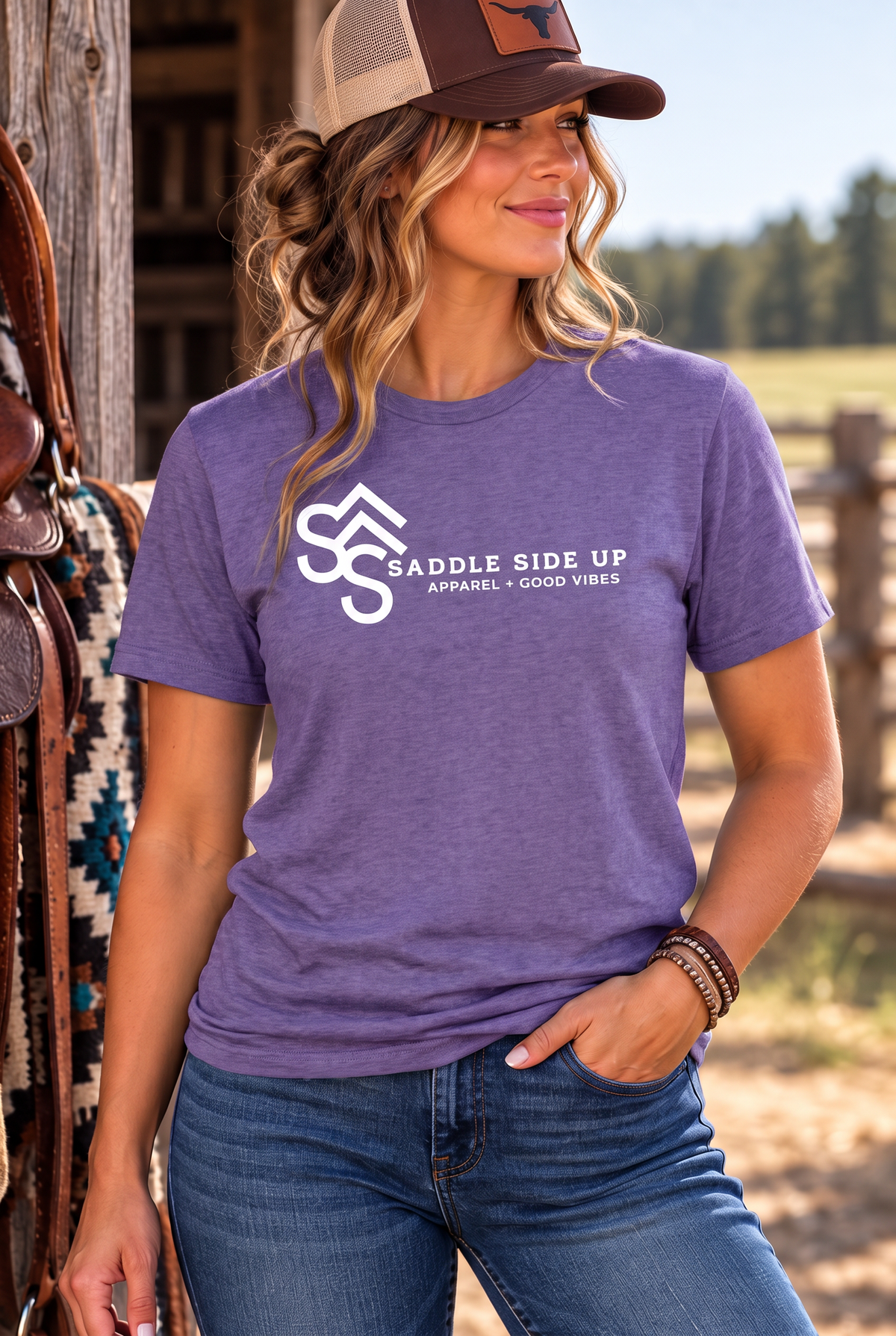 Logo Tee in Heather Purple — female model, front view