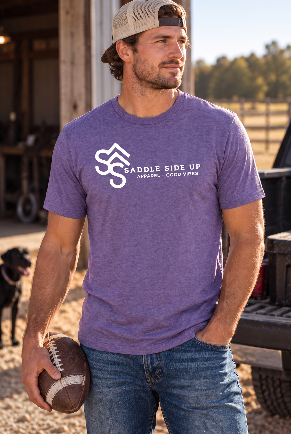 Logo Tee in Heather Purple — male model, front view