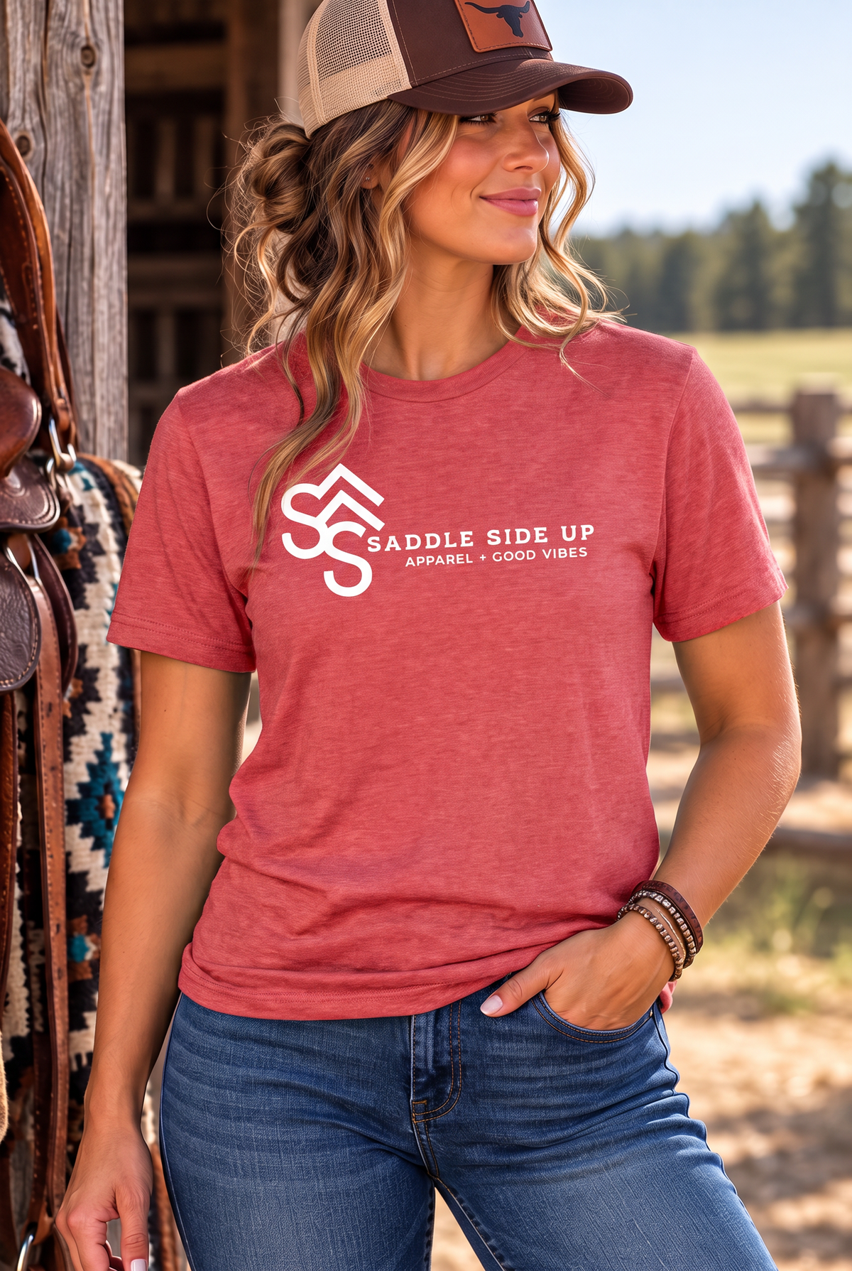 Logo Tee in Heather Red — female model, front view