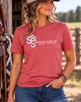 Logo Tee in Heather Red — female model, front view