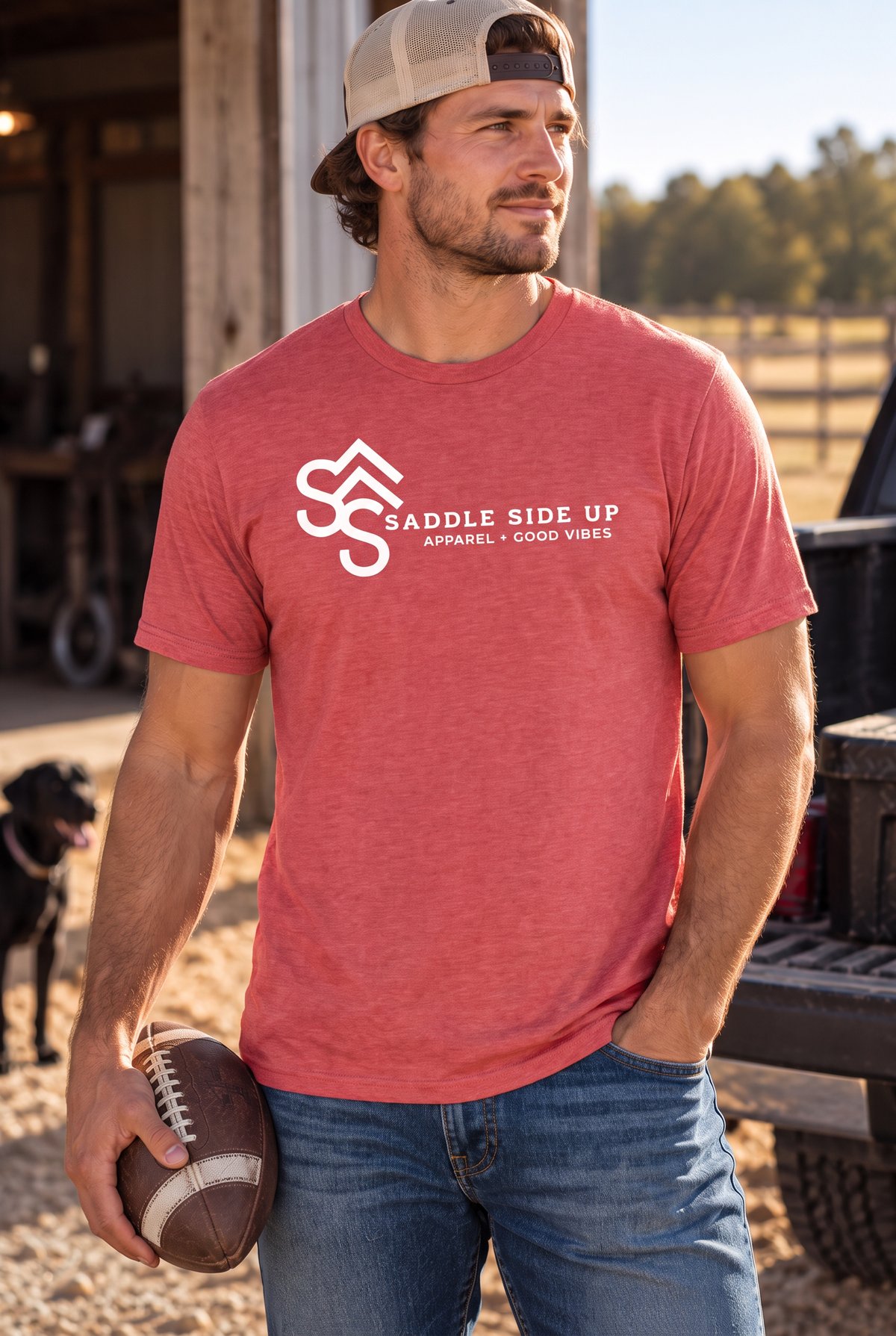 Logo Tee in Heather Red — male model, front view