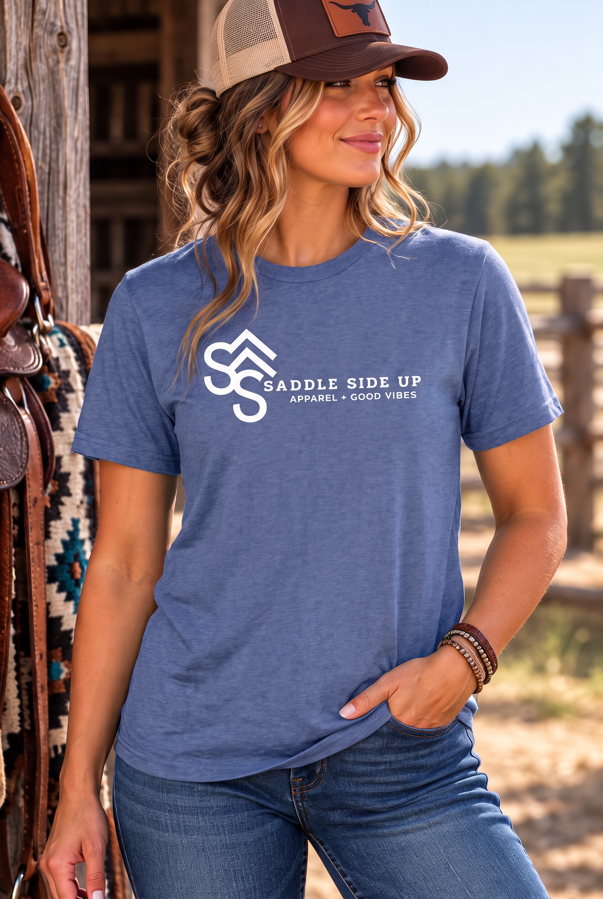 Logo Tee in Metro Blue — female model, front view