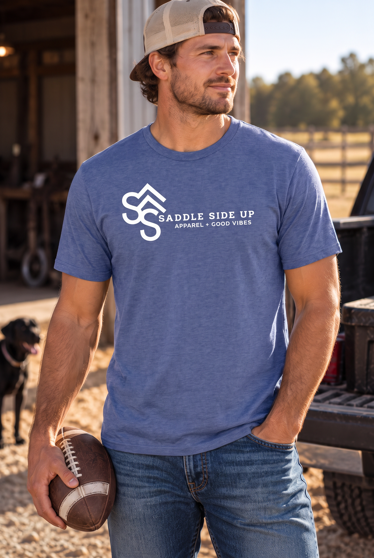 Logo Tee in Metro Blue — male model, front view
