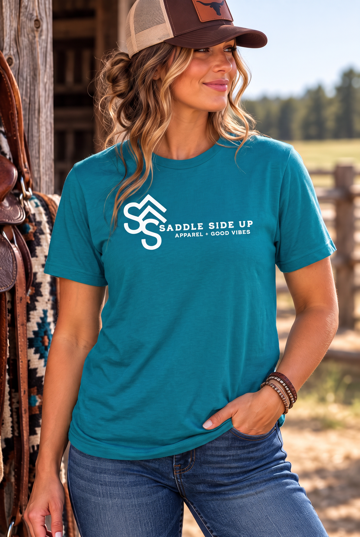 Logo Tee in Tropical Blue — female model, front view