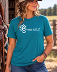 Logo Tee in Tropical Blue — female model, front view