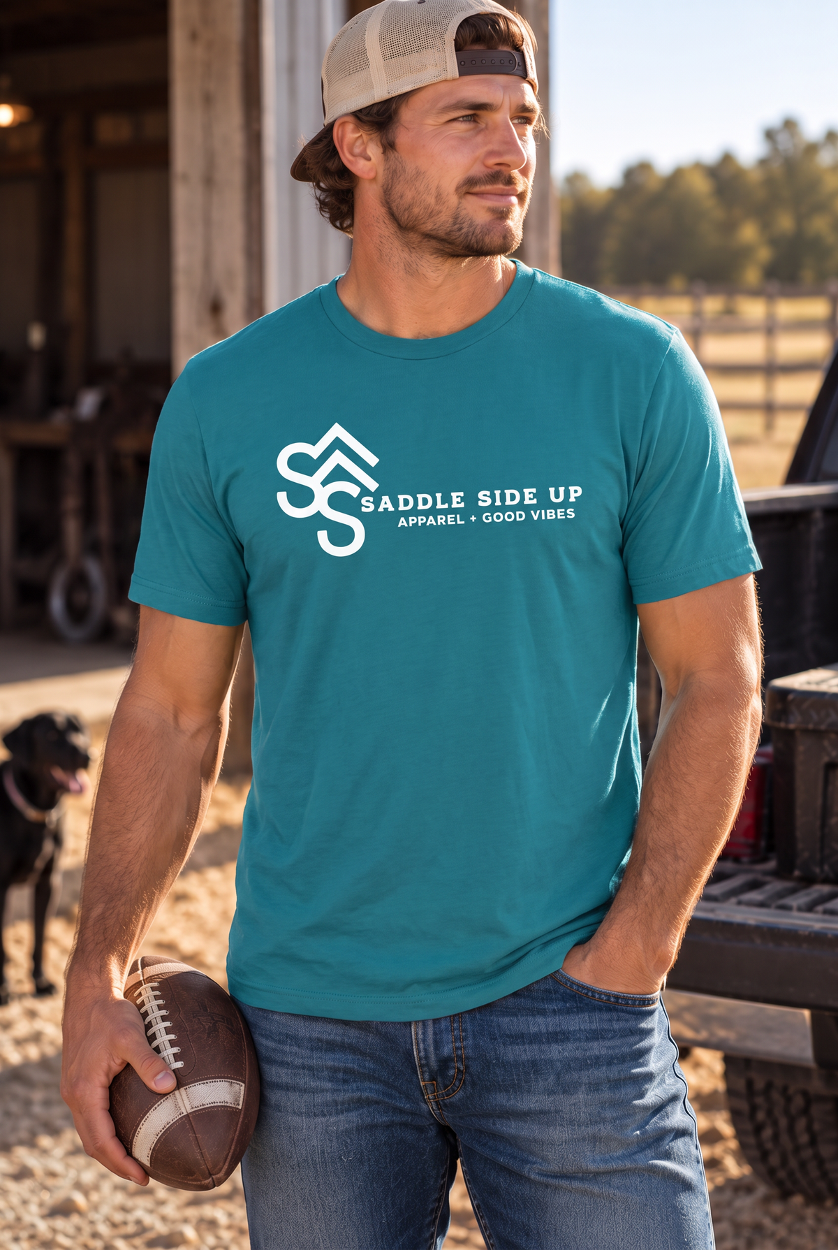 Logo Tee in Tropical Blue — male model, front view